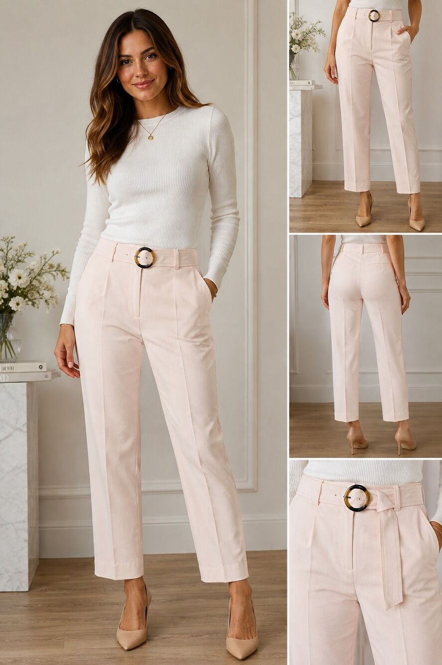 Club Monaco Sz 2 Pale Pink Wool Blend Belted Straight Leg Trousers Pants Office